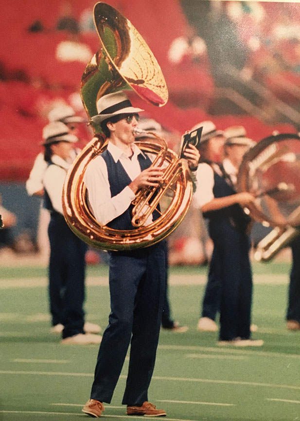 gReg playing tuba with the Rice MOB
